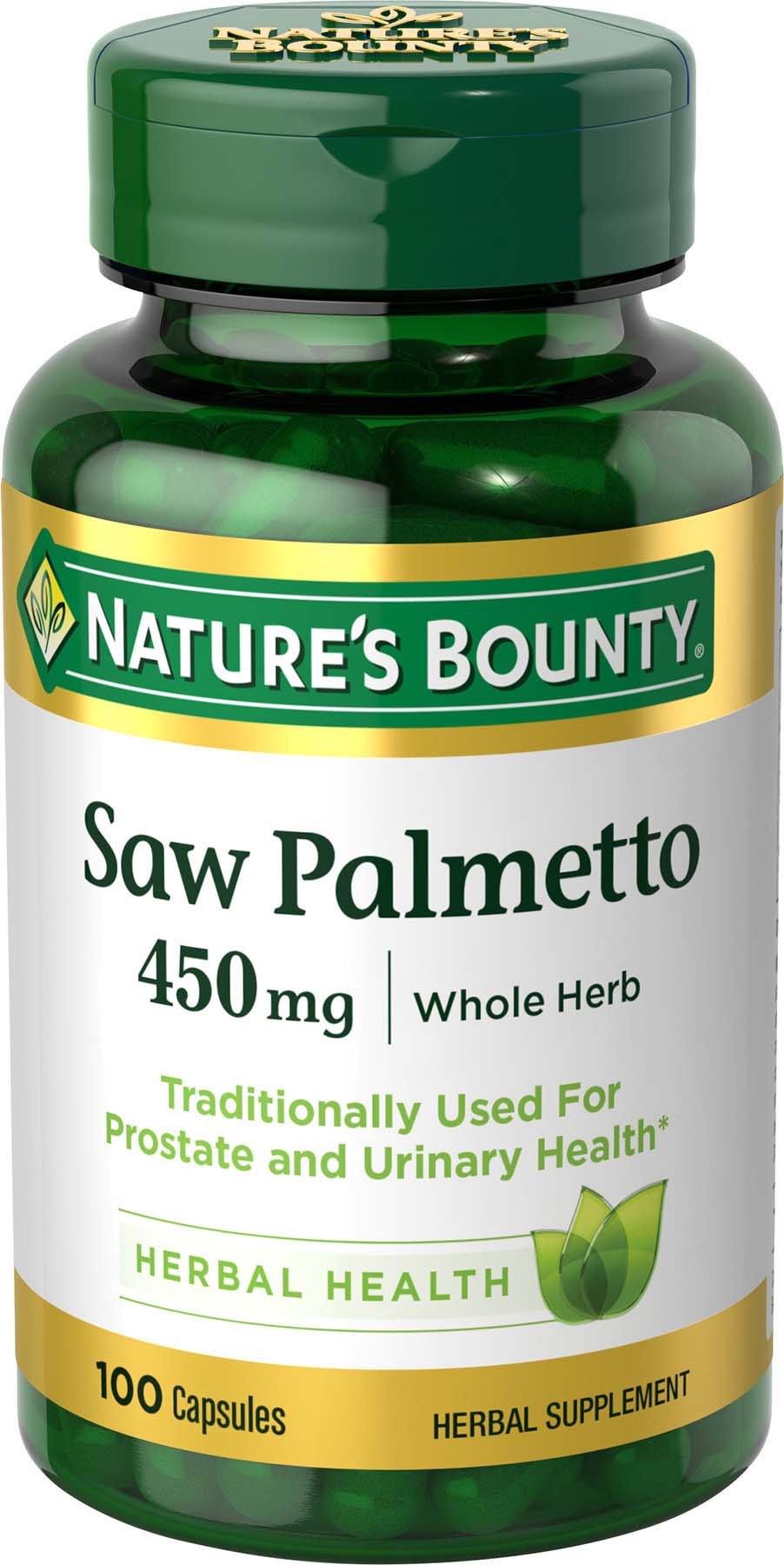 Nature's Bounty Saw Palmetto bottle front view for prostate support.