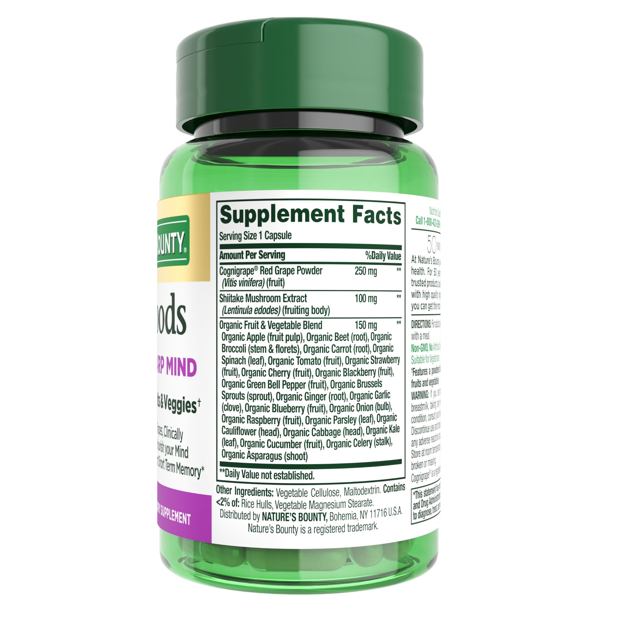 Nature's Bounty Sharp Mind ingredients blend highlighting 23 fruits and veggies