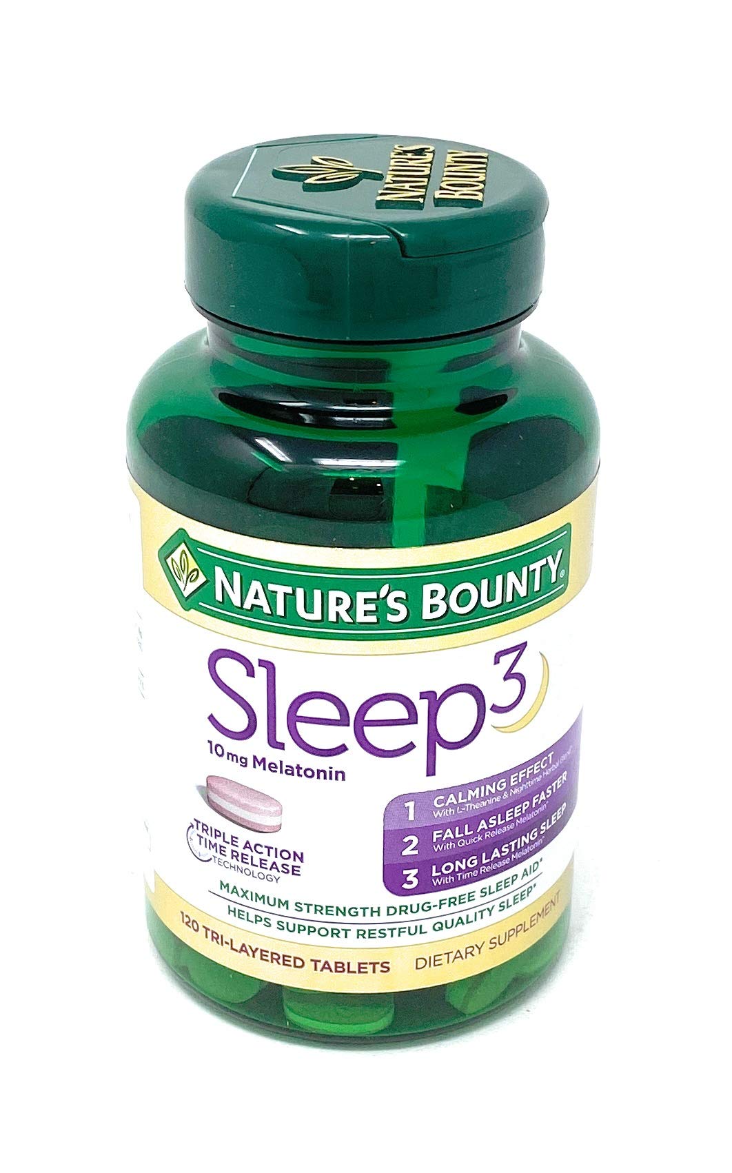Nature's Bounty Sleep3 10mg melatonin bottle front for restful nights.