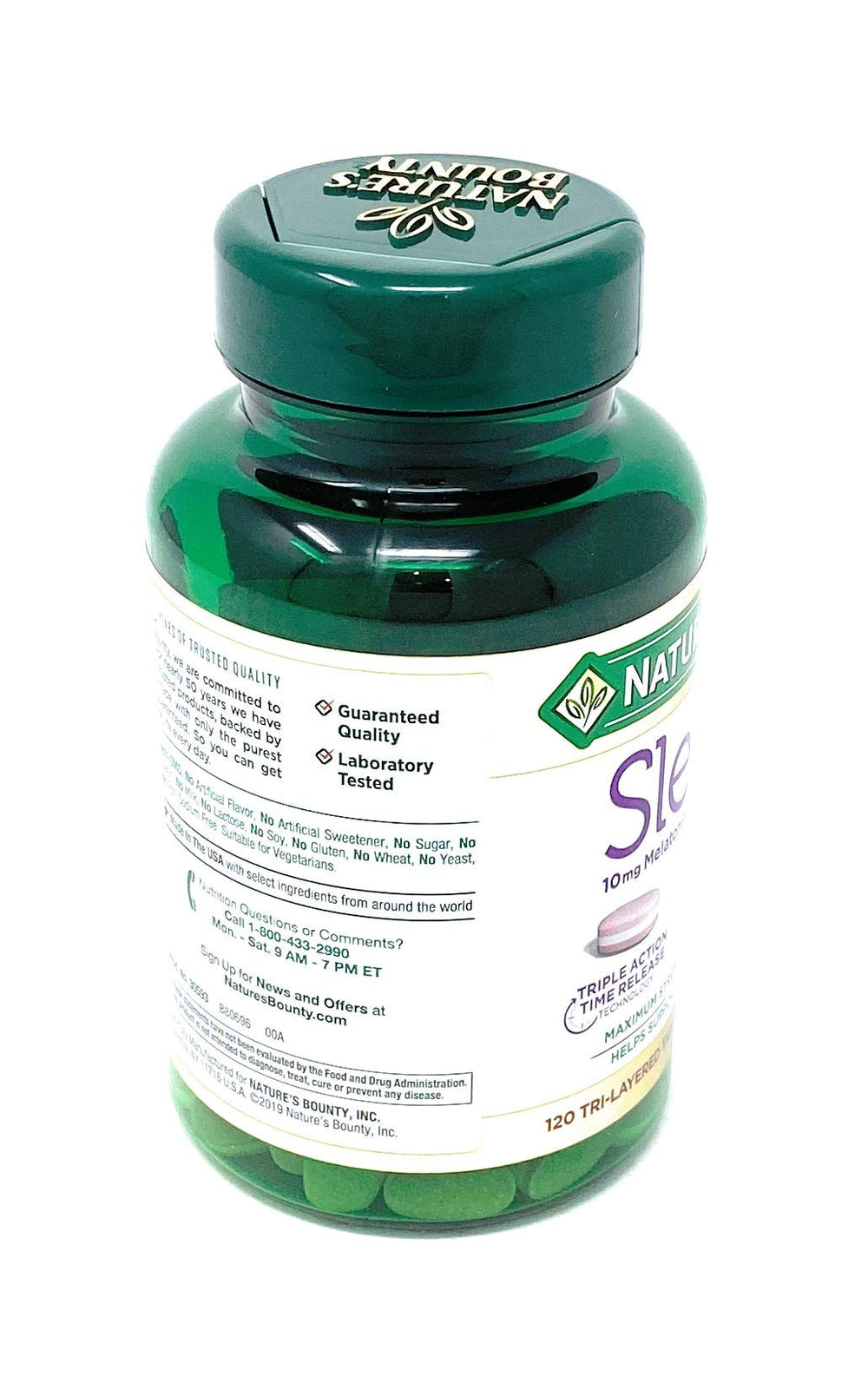 Nature's Bounty Sleep3 amber bottle closeup showing dosage and packaging.