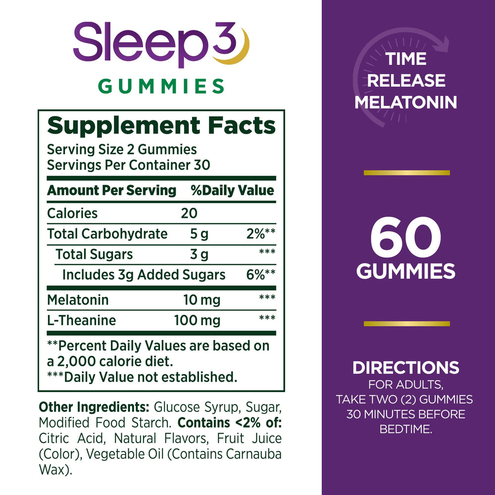 Nature's Bounty Sleep3 bottle back displaying ingredients and melatonin details for mindful use