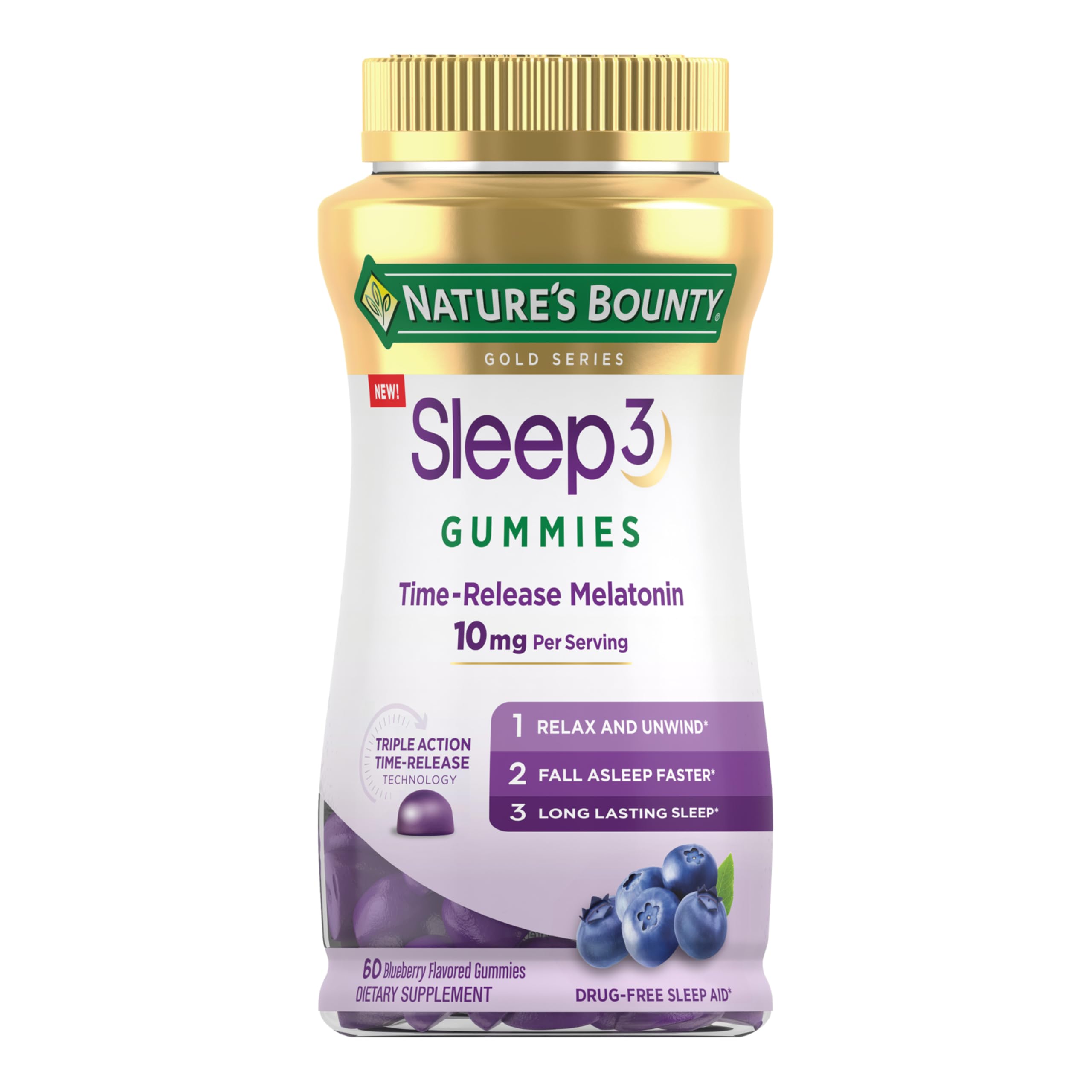 Nature's Bounty Sleep3 bottle front showing blueberry gummies for a calming nightly routine