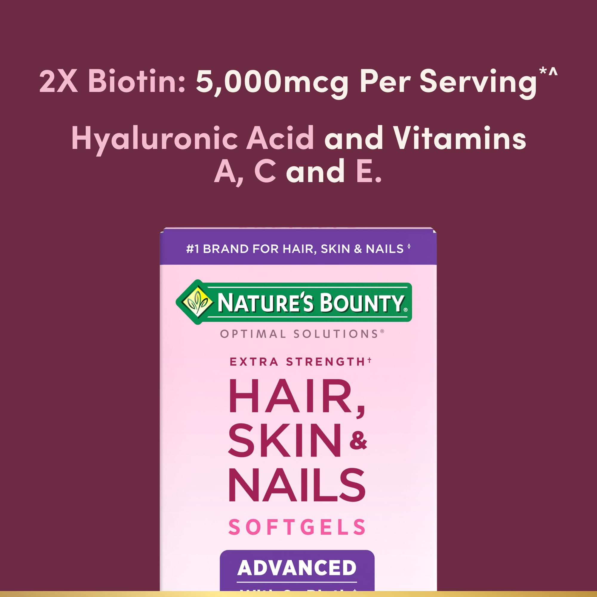 Label highlights biotin and hyaluronic acid in Nature's Bounty formula.