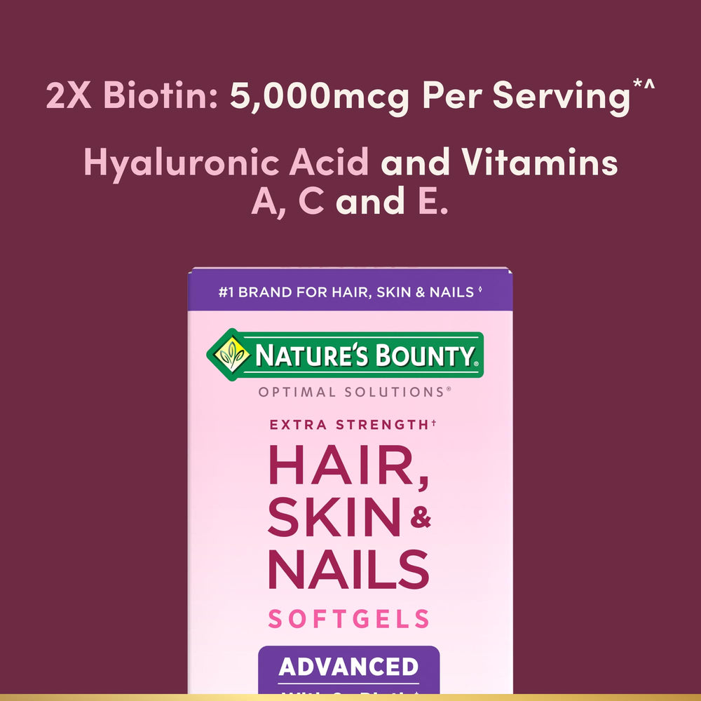 Label highlights biotin and hyaluronic acid in Nature's Bounty formula.