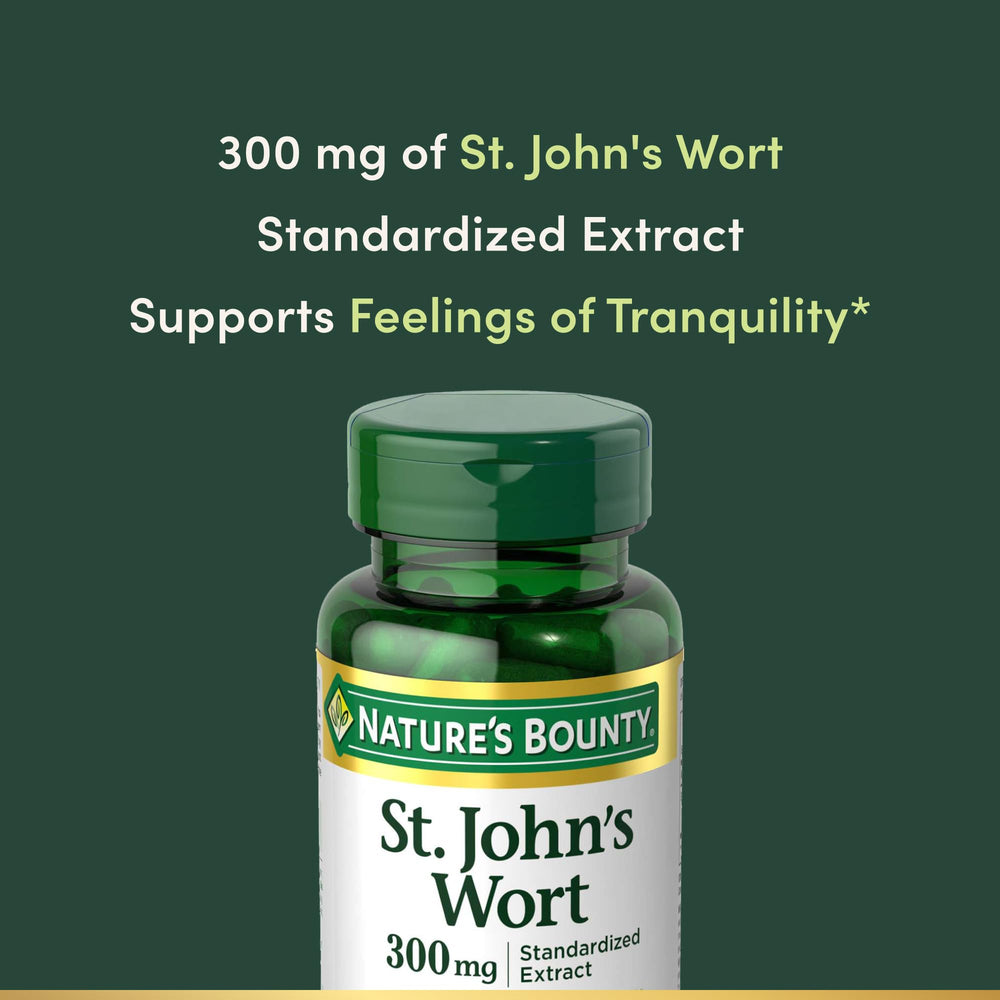 Nature's Bounty St. John's Wort label shows pure, high-quality extract.