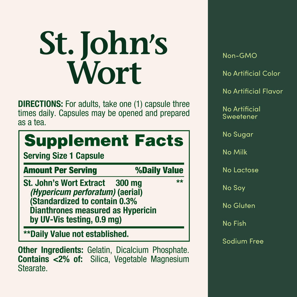 Nature's Bounty St. John's Wort packaging on shelf, transparency and purity.