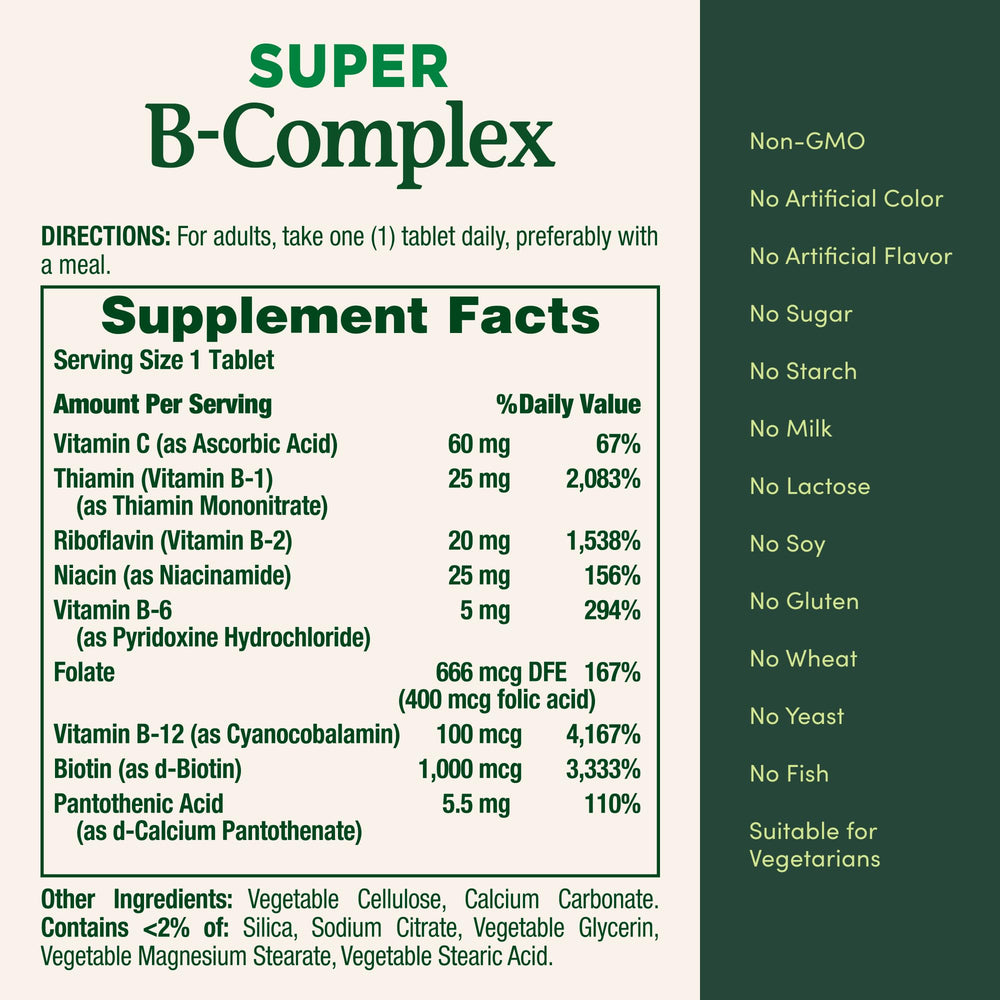Nature's Bounty Super B-Complex bottle on countertop for daily supplementation