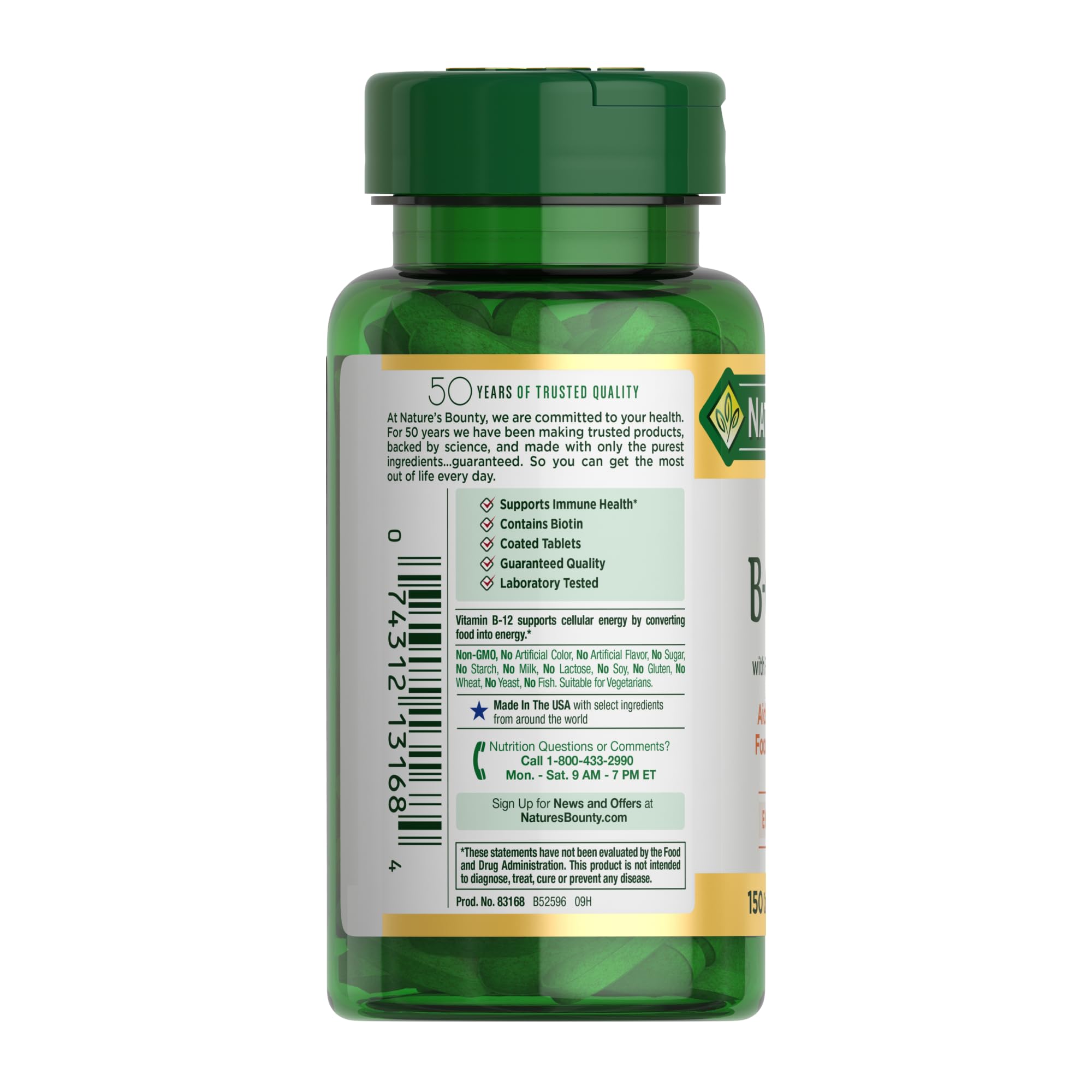 Ingredients panel on Nature's Bounty Super B-Complex bottle emphasizing quality