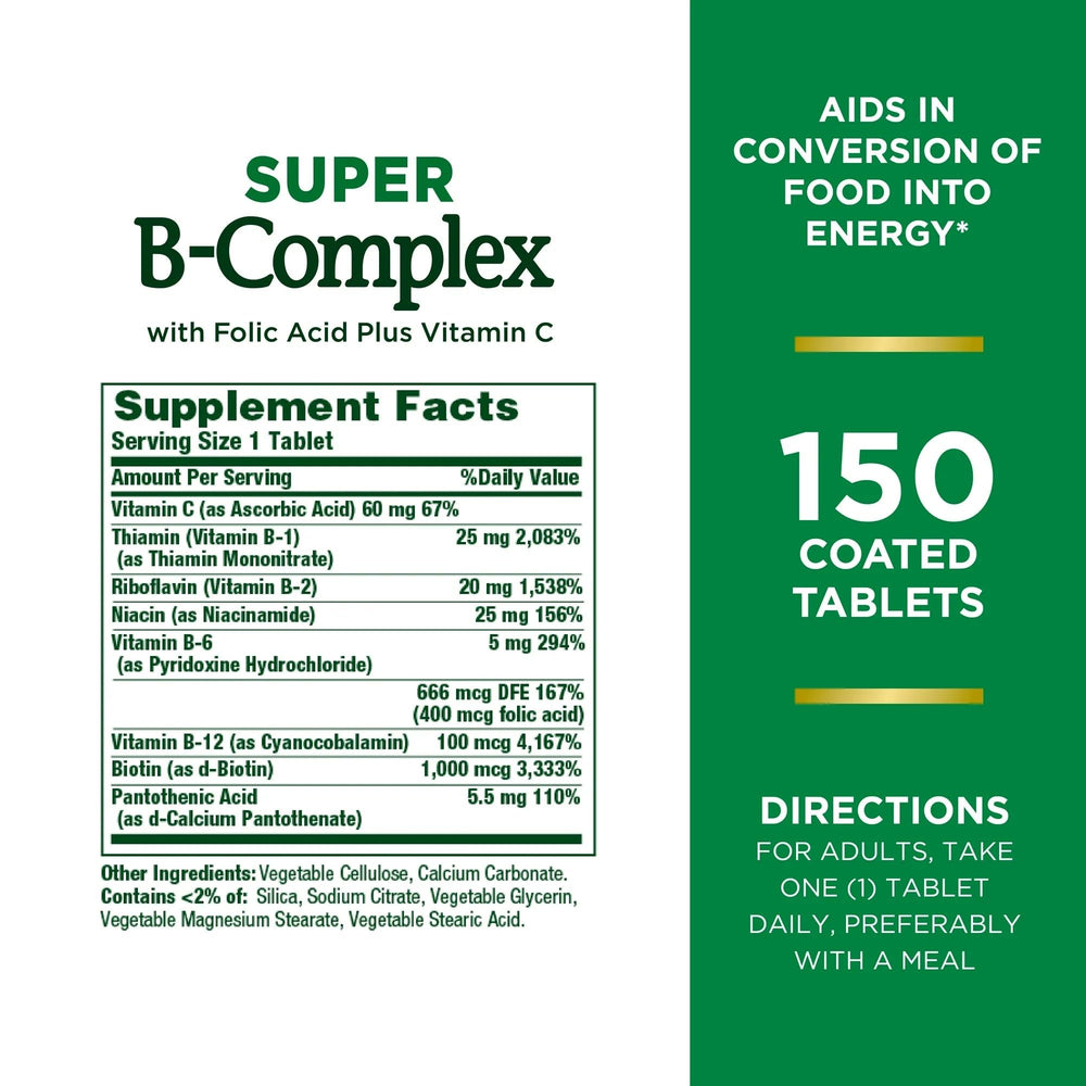 Nature's Bounty Super B-Complex label close-up with folic acid information