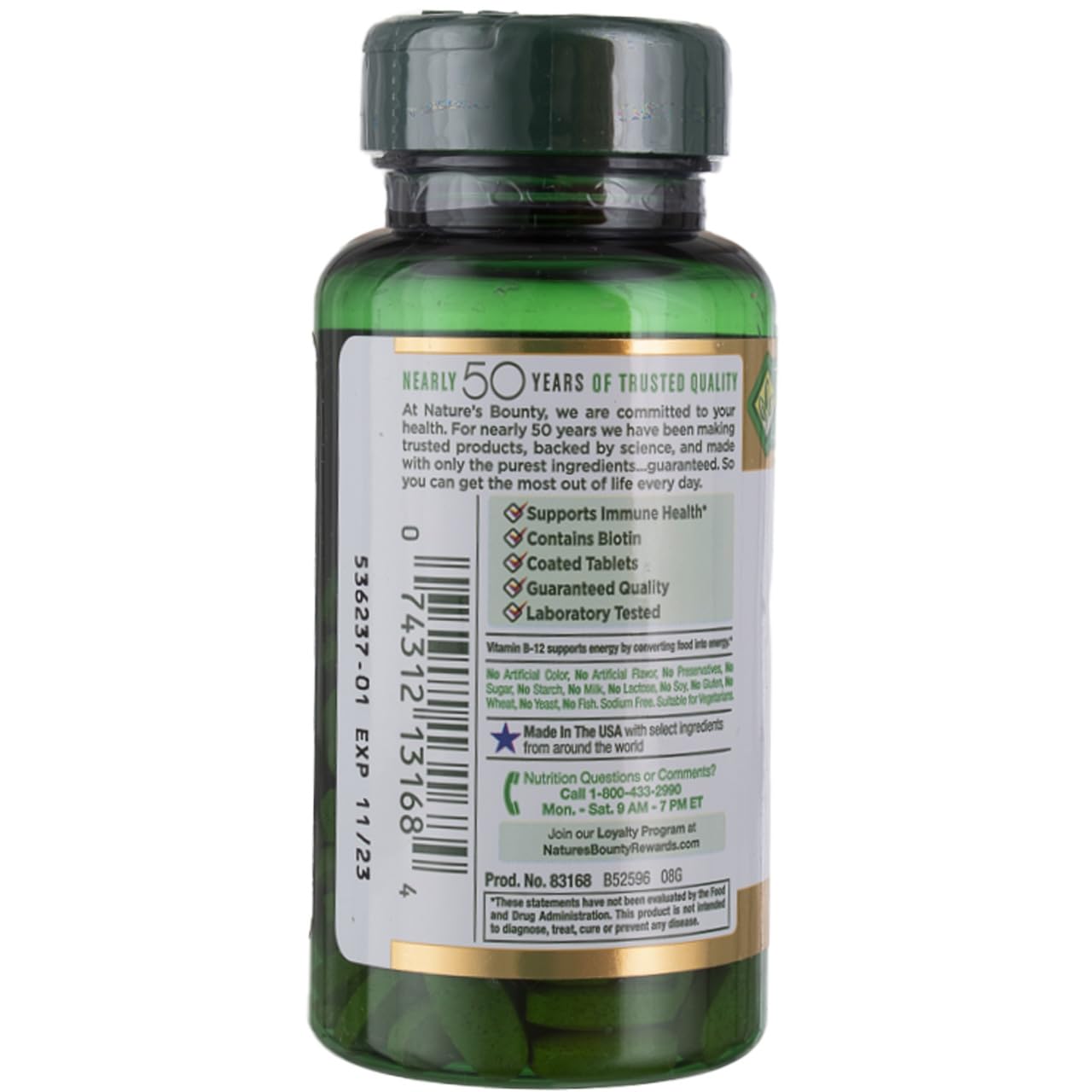 Nature's Bounty Super B-Complex packaging highlights vitamin C and folic acid benefits.