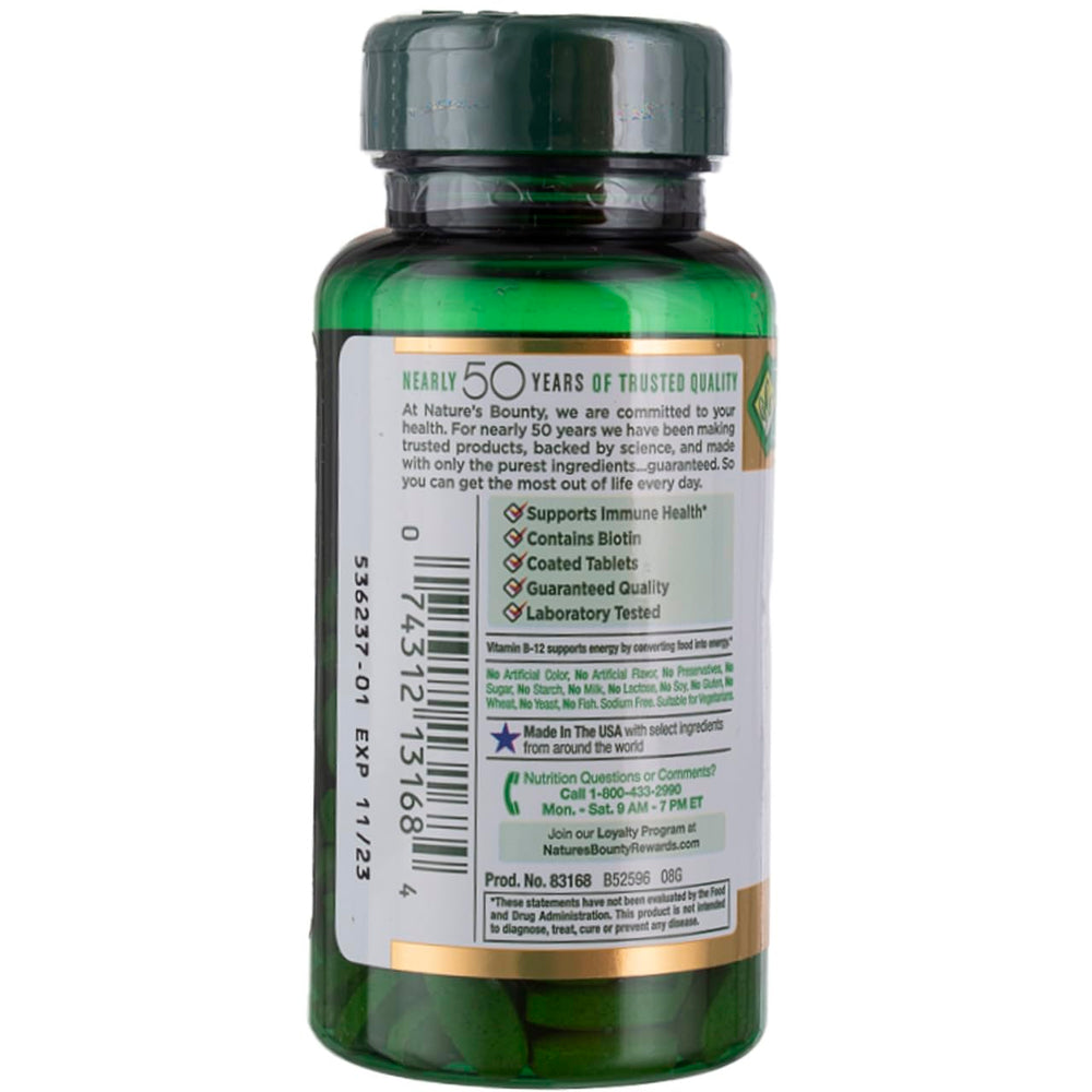 Nature's Bounty Super B-Complex packaging highlights vitamin C and folic acid benefits.