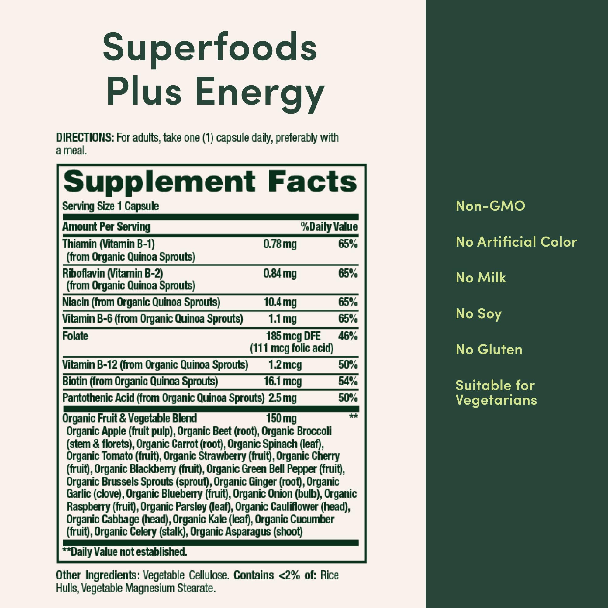 Nature's Bounty Superfoods Plus Energy quinoa sprouts icon highlights B-complex.