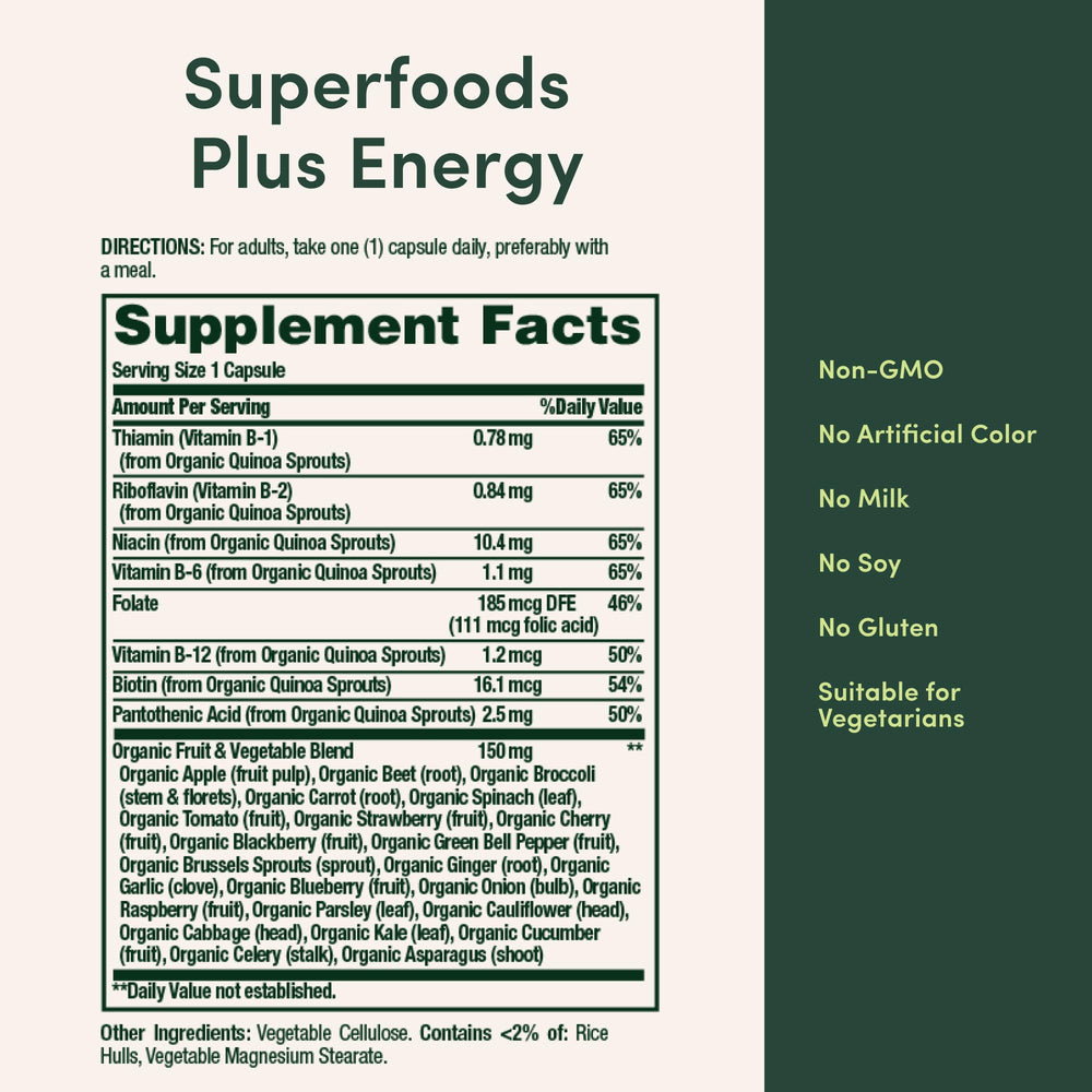 Nature's Bounty Superfoods Plus Energy quinoa sprouts icon highlights B-complex.