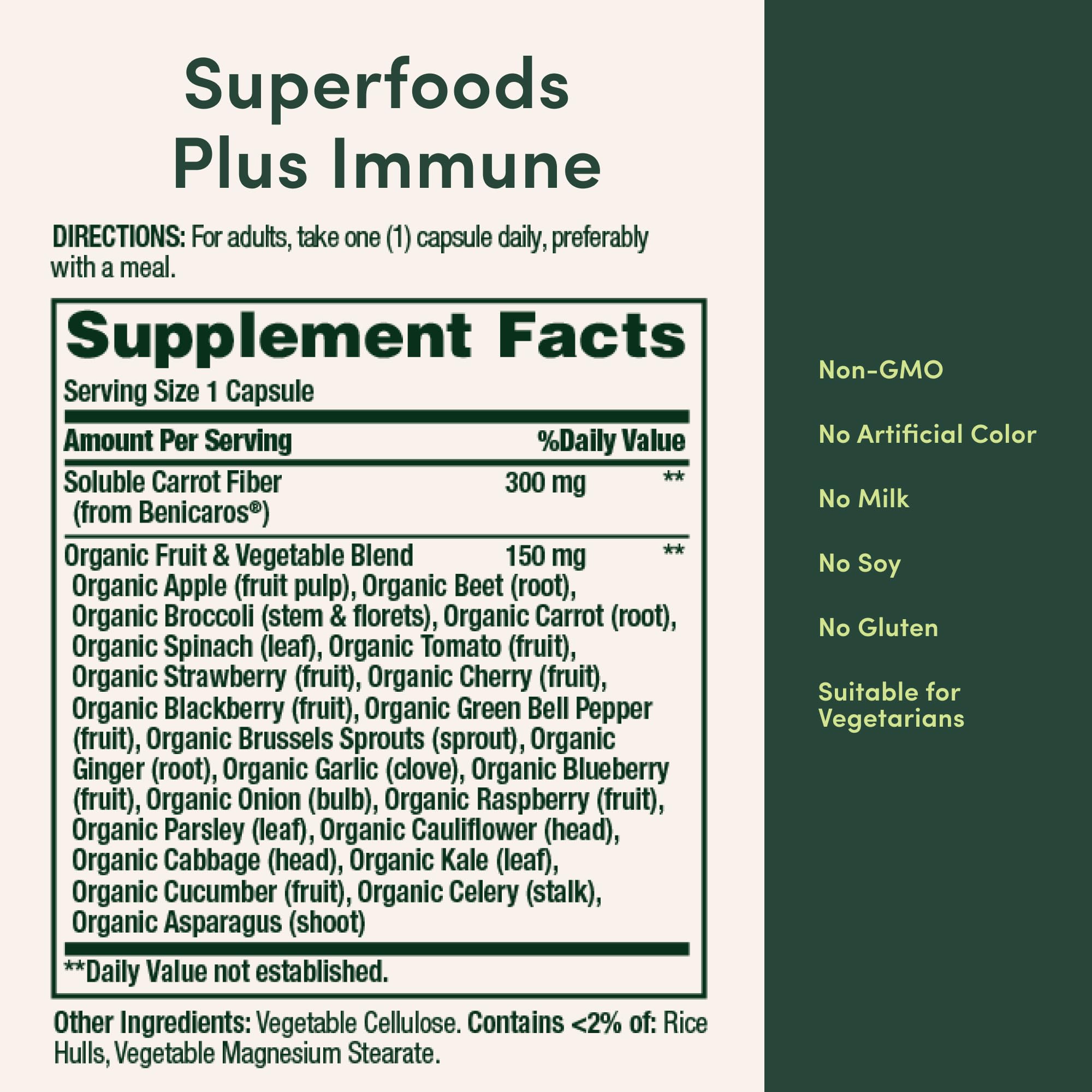 Nature's Bounty Superfoods Plus Immune capsules held in hand for dosing.