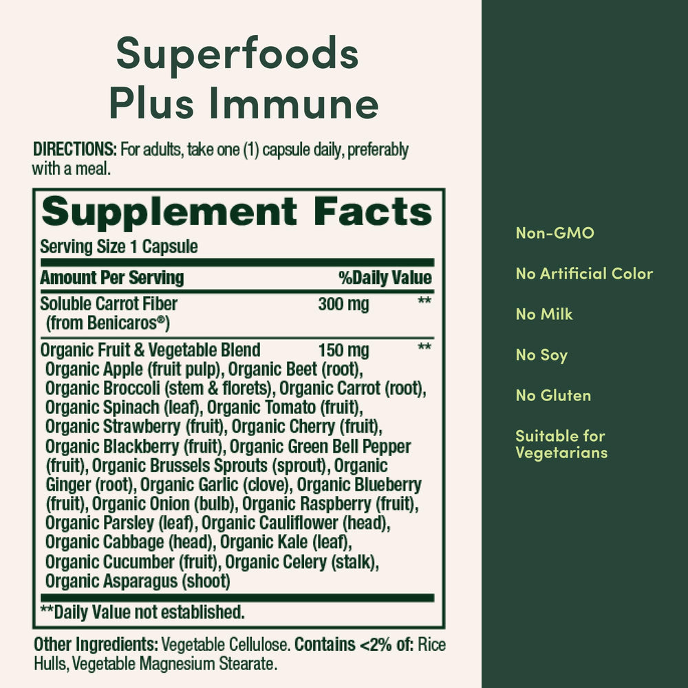 Nature's Bounty Superfoods Plus Immune capsules held in hand for dosing.