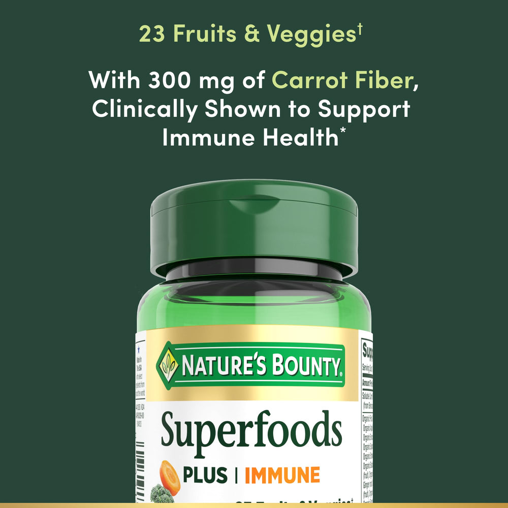 Close-up of Nature's Bounty Superfoods Plus Immune label highlighting ingredients.