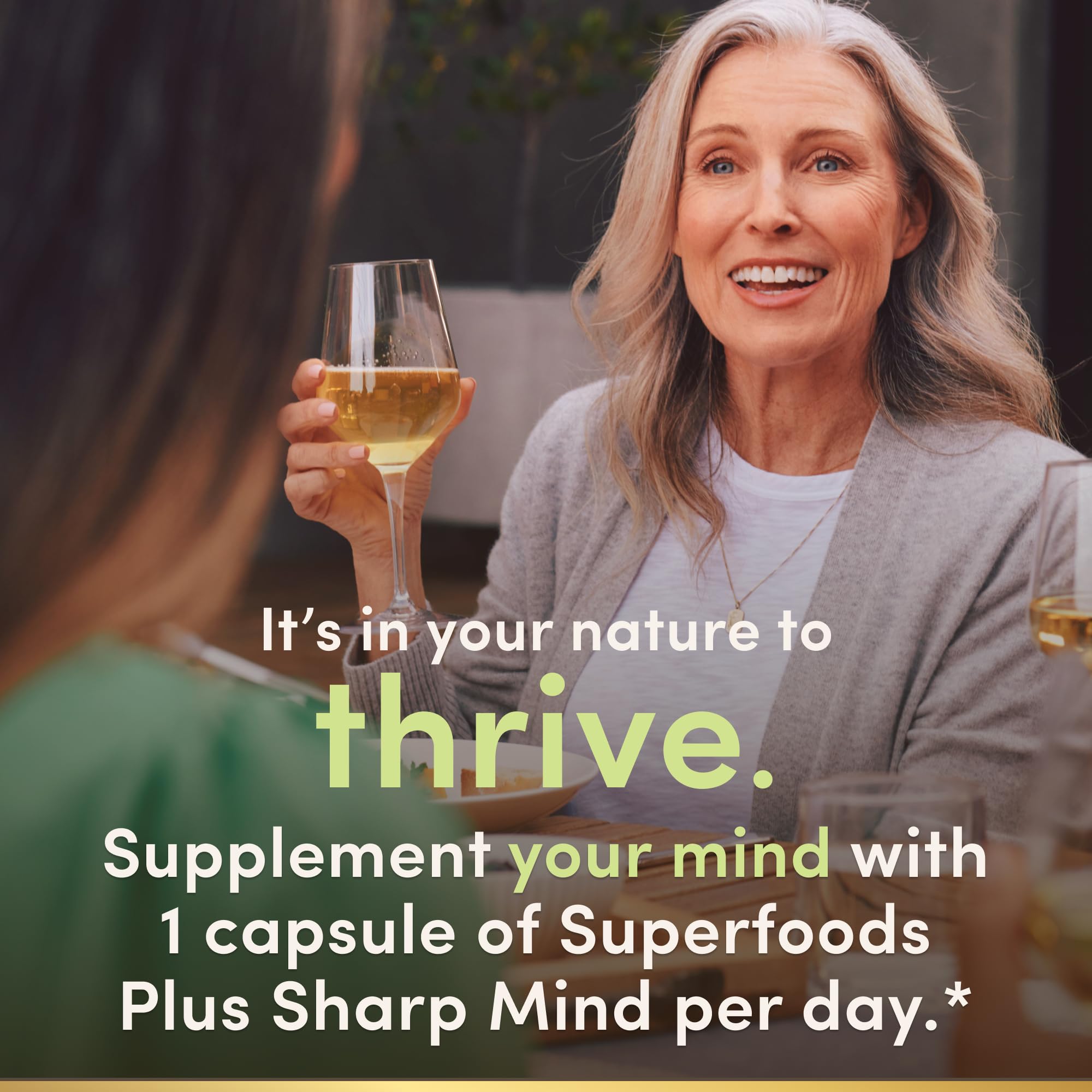 Nature's Bounty Superfoods Plus Sharp Mind bottle closeup with easy dosing