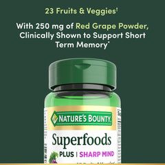 Nature's Bounty Superfoods Plus Sharp Mind label highlighting 23 fruits and veggies blend