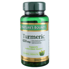 Close-up of turmeric capsules showing 450 mg dosage for daily wellness.