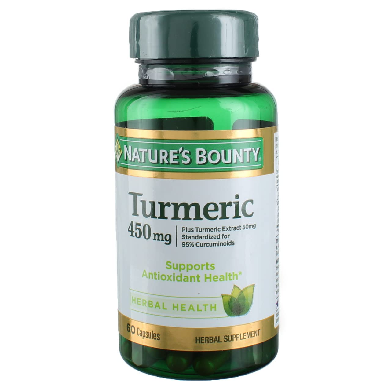 Nature's Bounty turmeric bottle front label highlights curcuminoids for antioxidant support.