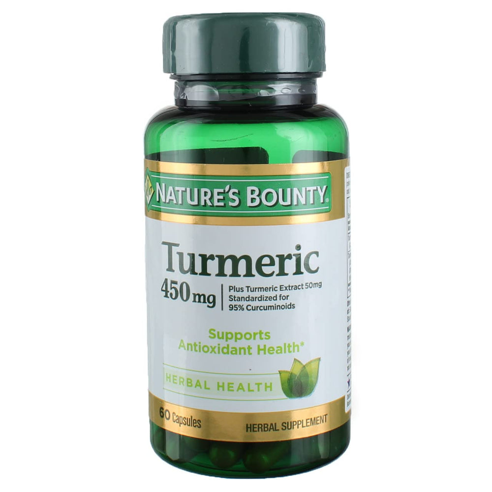 Nature's Bounty turmeric bottle front label highlights curcuminoids for antioxidant support.