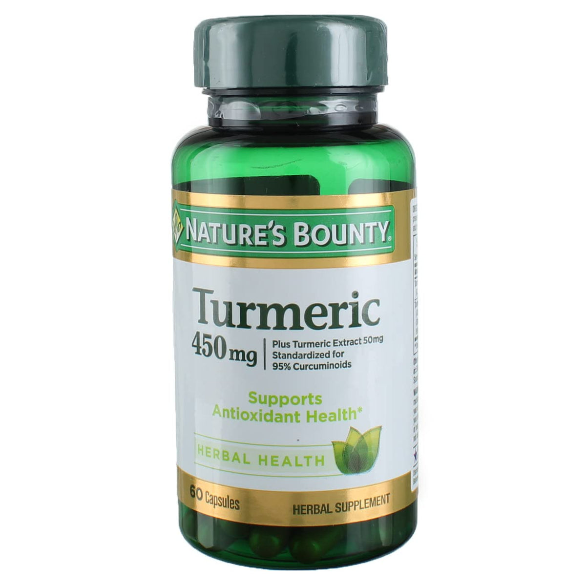 Nature's Bounty turmeric bottle front label highlights curcuminoids for antioxidant support.