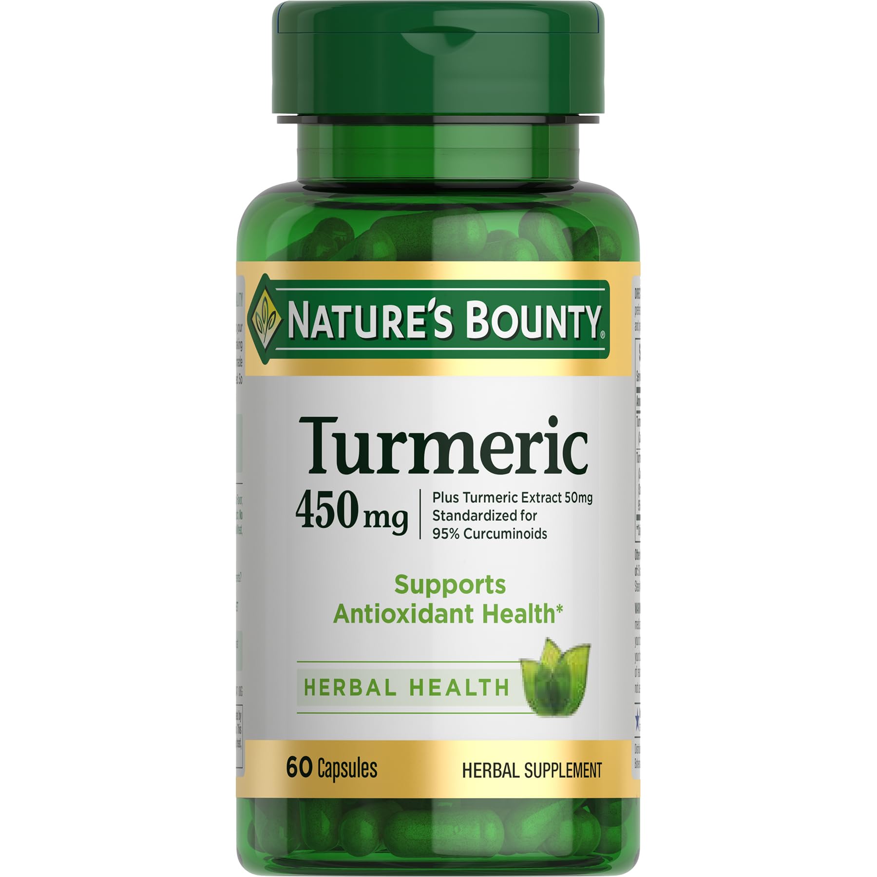 Nature's Bounty turmeric capsules bottle close-up highlighting antioxidant support.