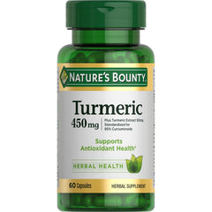 Nature's Bounty turmeric capsules bottle close-up highlighting antioxidant support.