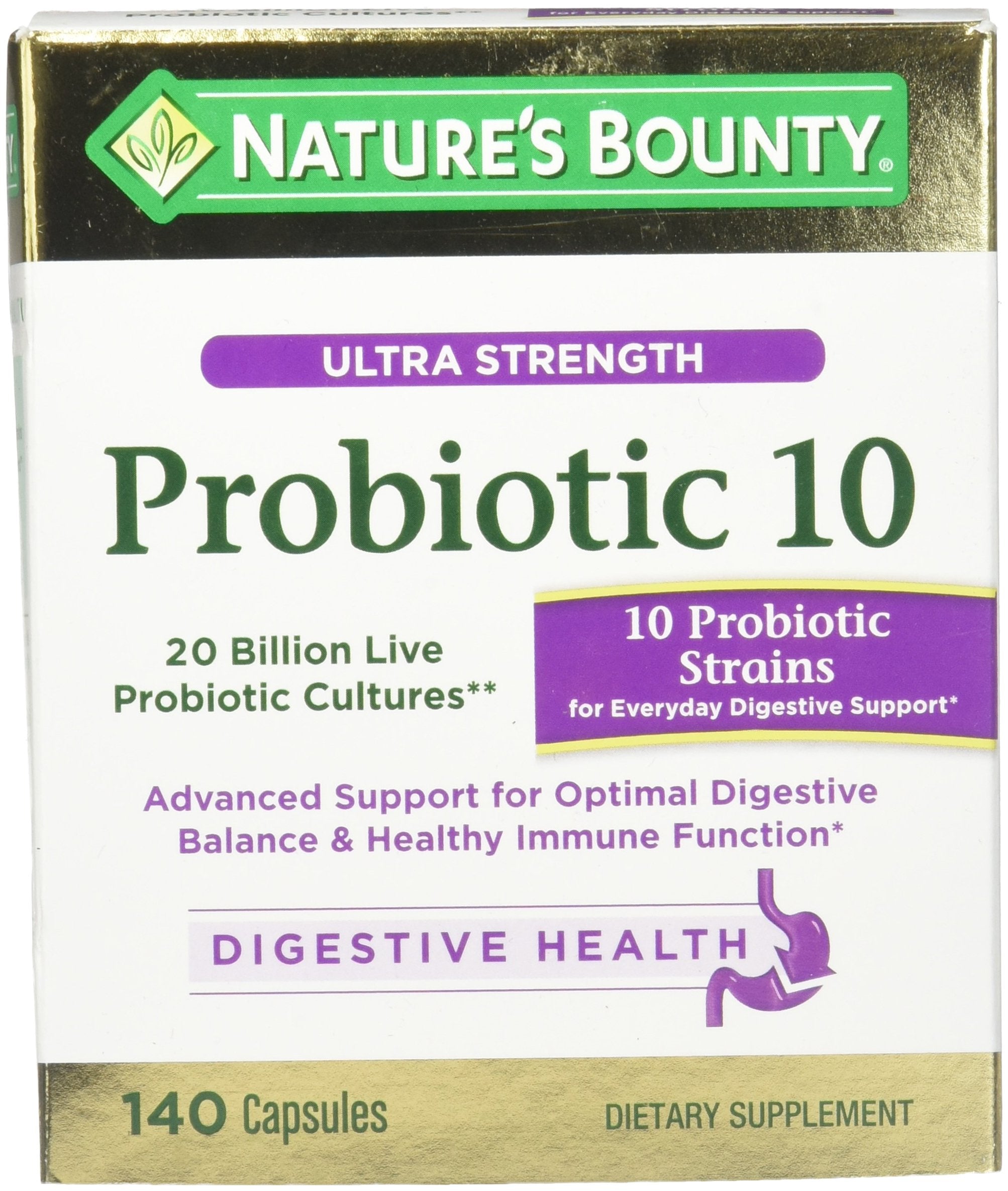 Nature's Bounty Ultra Strength Probiotic 10 bottle closeup for digestive balance