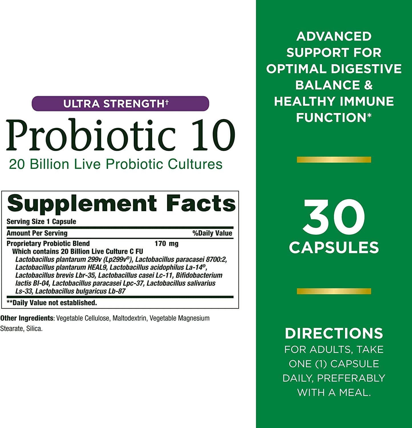 Nature's Bounty Ultra Strength Probiotic 10 twin-pack bottle back with 20 billion CFU details.