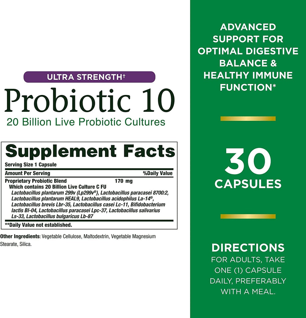 Nature's Bounty Ultra Strength Probiotic 10 twin-pack bottle back with 20 billion CFU details.