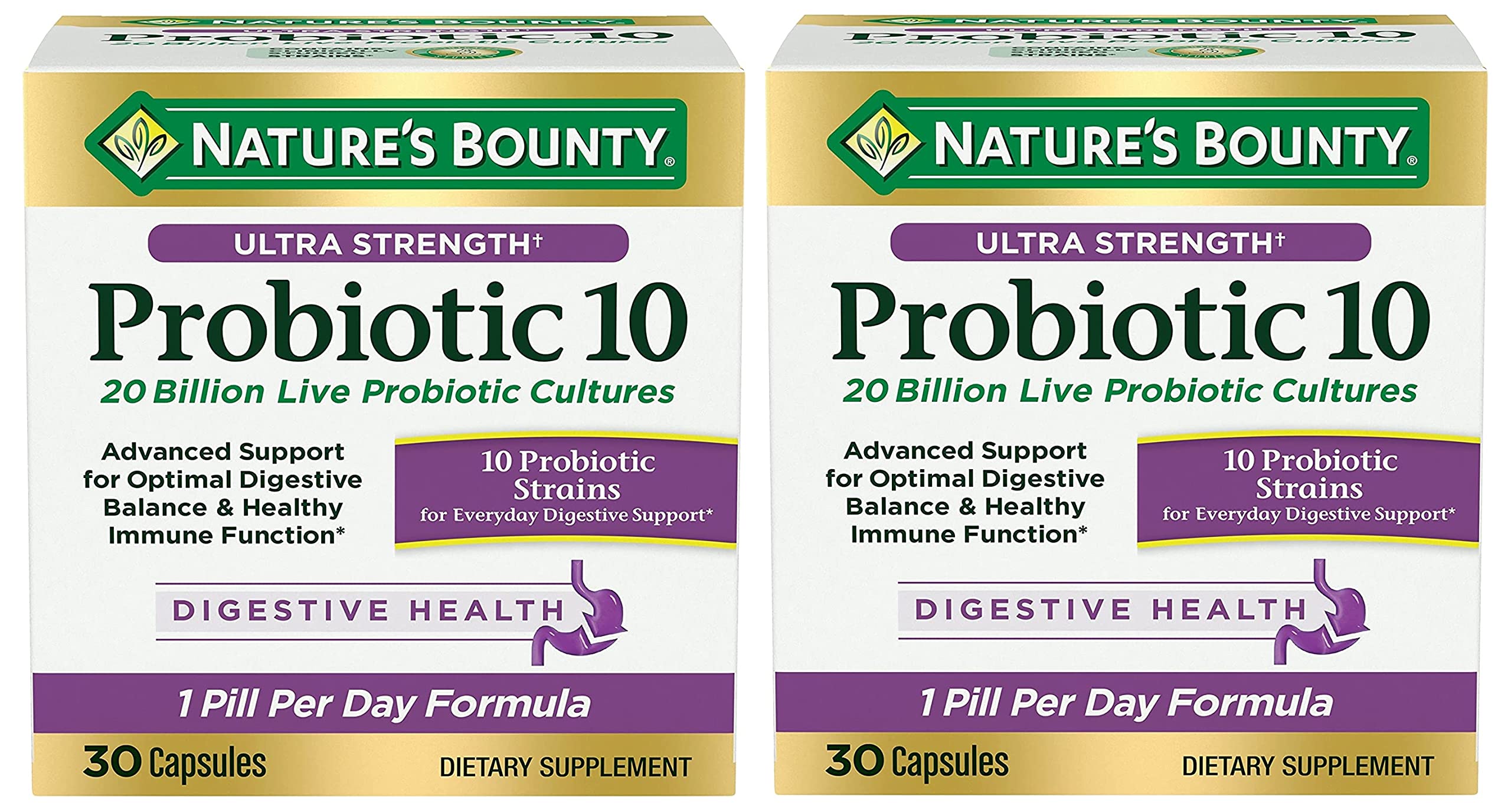 Nature's Bounty Ultra Strength Probiotic 10 twin-pack bottle front showing daily digestive balance potential.