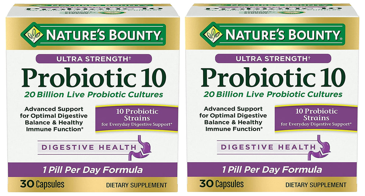 Nature's Bounty Ultra Strength Probiotic 10 twin-pack bottle front showing daily digestive balance potential.