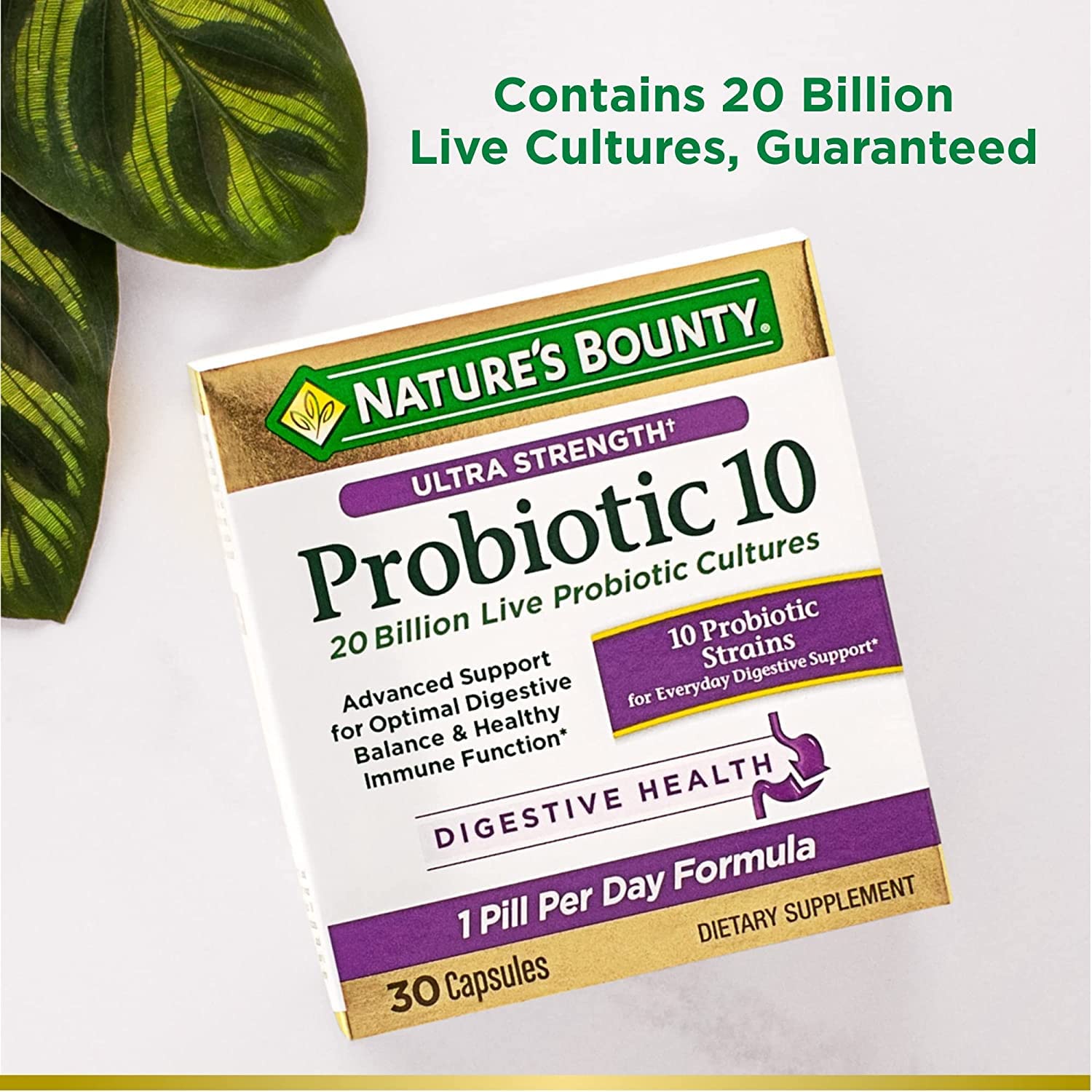 Label close-up of Nature's Bounty Probiotic 10, gluten-free and vegetarian friendly.