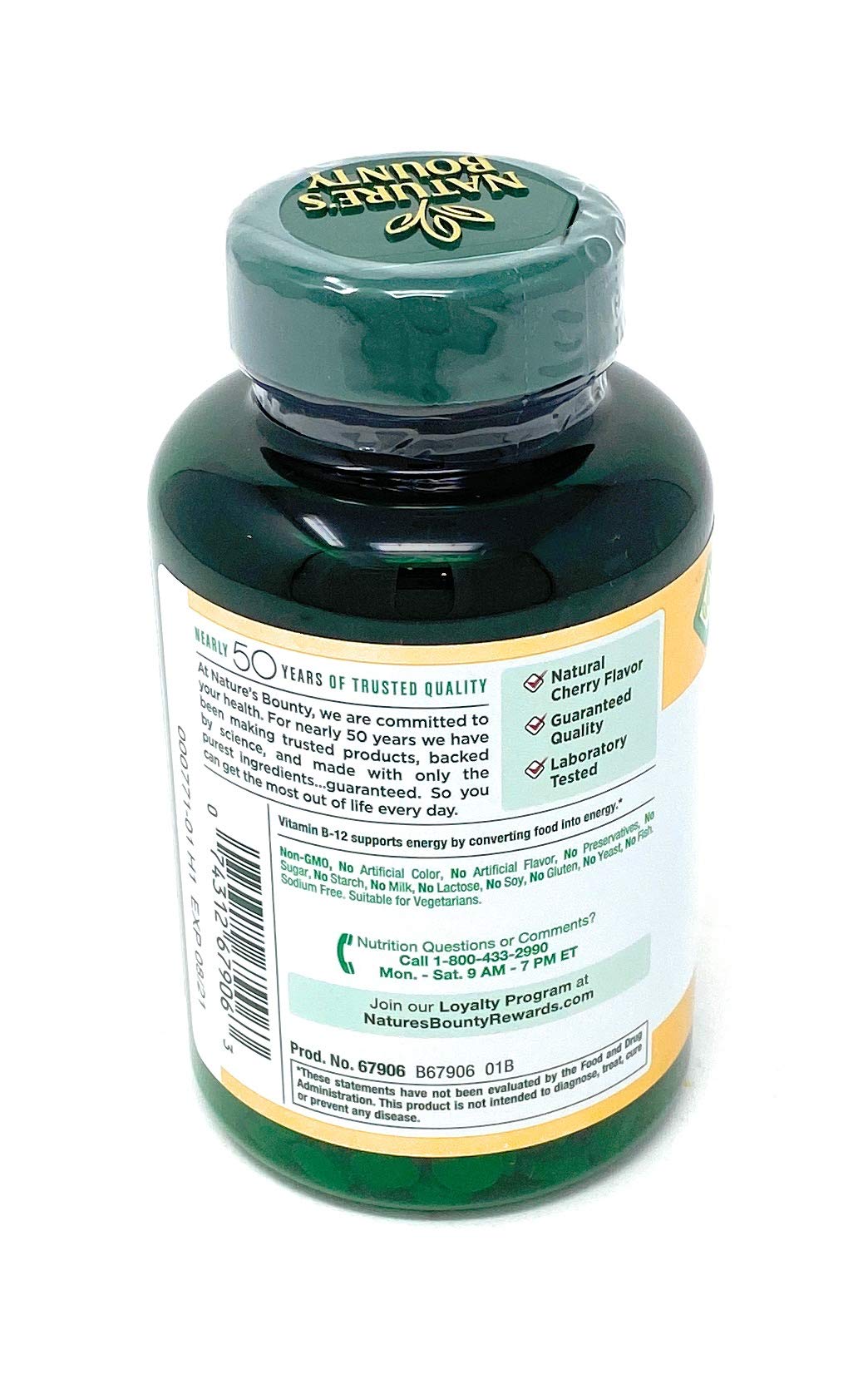 Nature's Bounty 2500 mcg B-12 vegetarian lozenge supports energy metabolism.