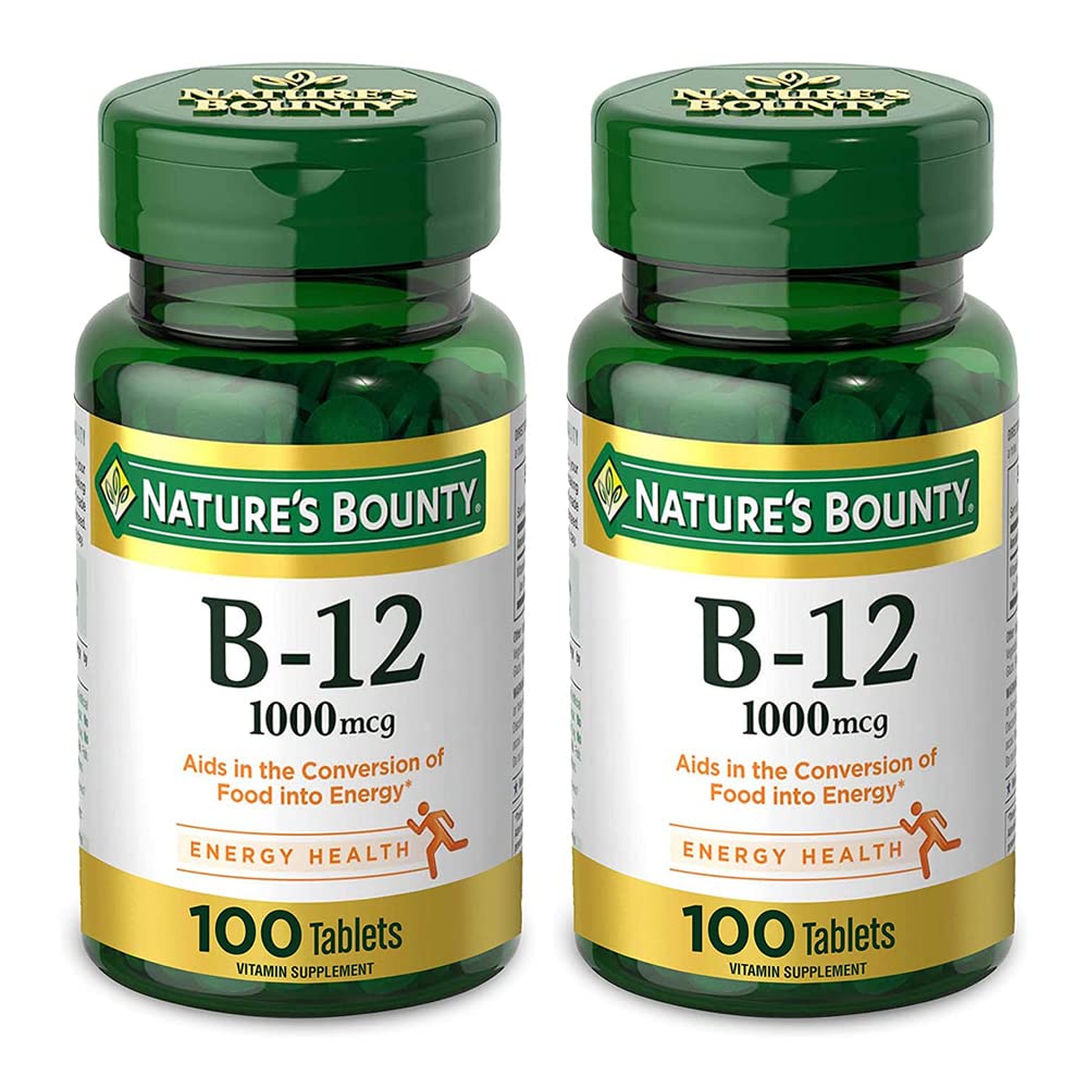 Nature's Bounty Vitamin B-12 1000 mcg tablets promote energy metabolism and heart health.