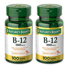 Nature's Bounty Vitamin B-12 1000 mcg tablets promote energy metabolism and heart health.