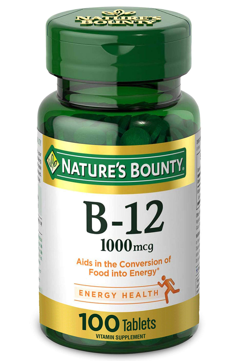 Nature's Bounty Vitamin B12 bottle front view, energy metabolism support