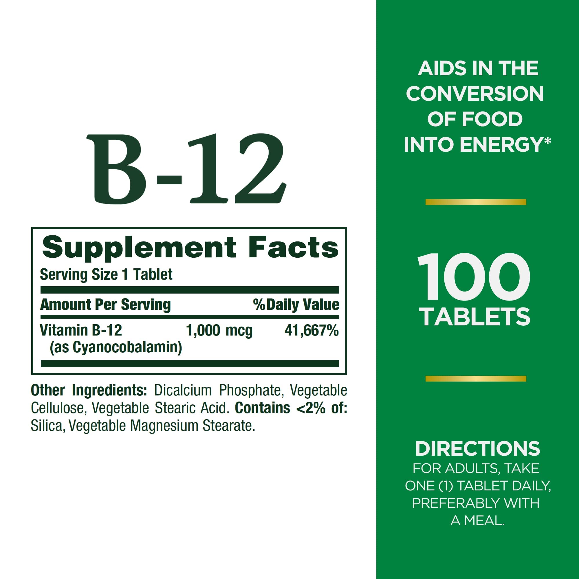 Nature's Bounty Vitamin B12 bottle label close-up, 1000 mcg per tablet