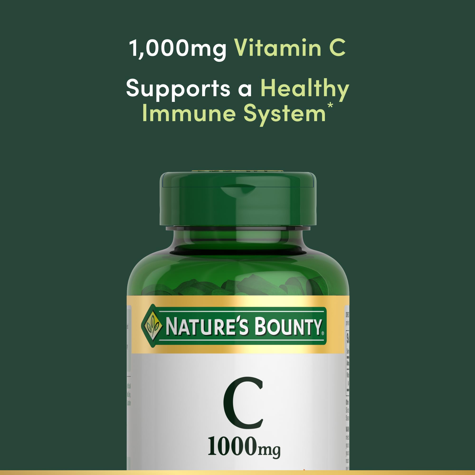 Label details of Nature's Bounty Vitamin C 1000mg caplets highlighting non-GMO and gluten-free attributes