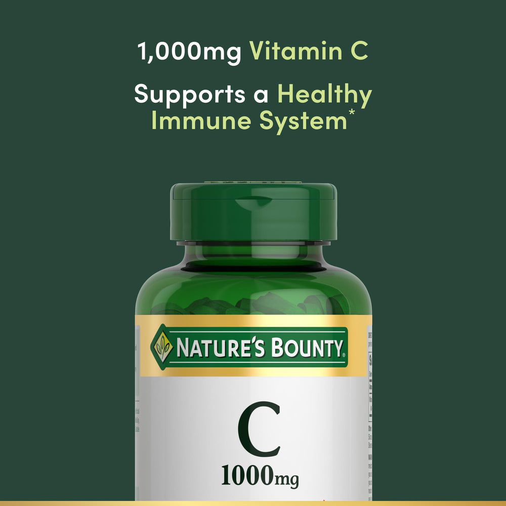 Label details of Nature's Bounty Vitamin C 1000mg caplets highlighting non-GMO and gluten-free attributes