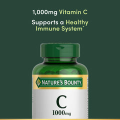 Label details of Nature's Bounty Vitamin C 1000mg caplets highlighting non-GMO and gluten-free attributes