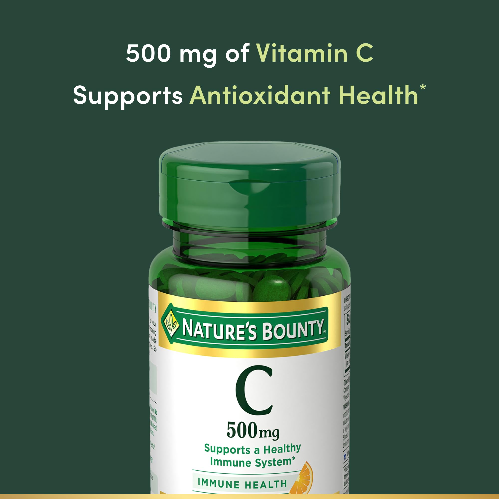 Close-up of Nature's Bounty tablets highlighting the 500 mg dose.
