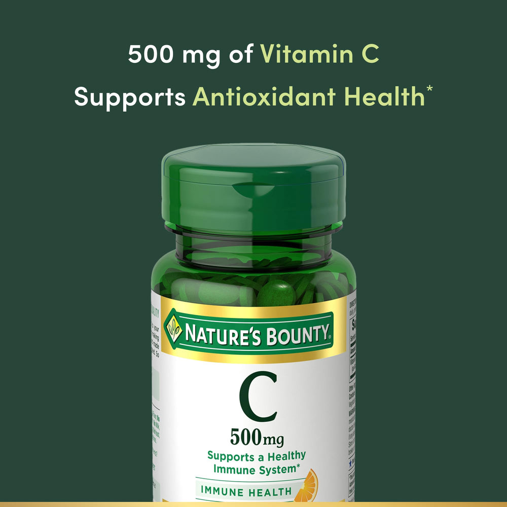 Close-up of Nature's Bounty tablets highlighting the 500 mg dose.
