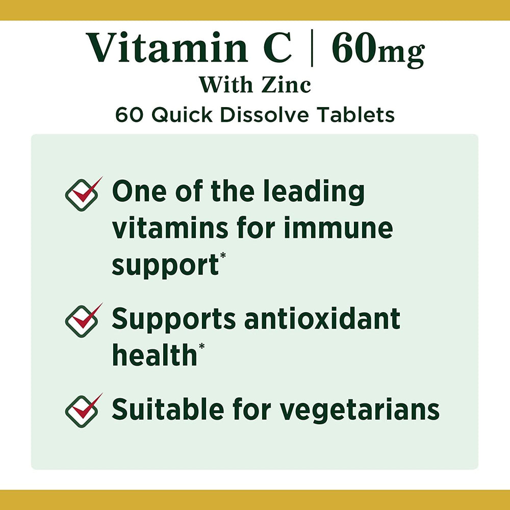 Nature's Bounty Vitamin C + Zinc label highlighting non-GMO and gluten-free.