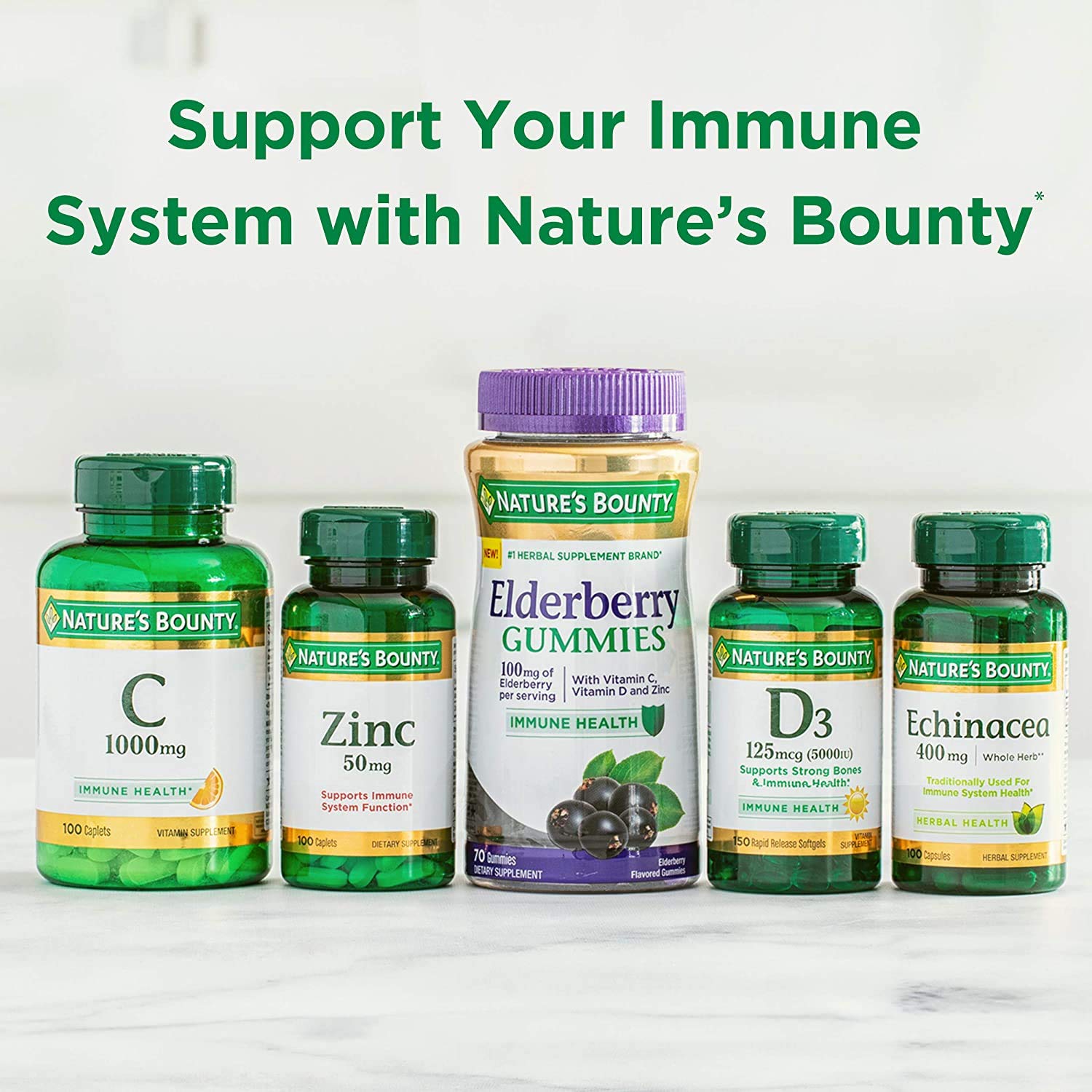 Nature's Bounty Vitamin C + Zinc packaging emphasizes purity.