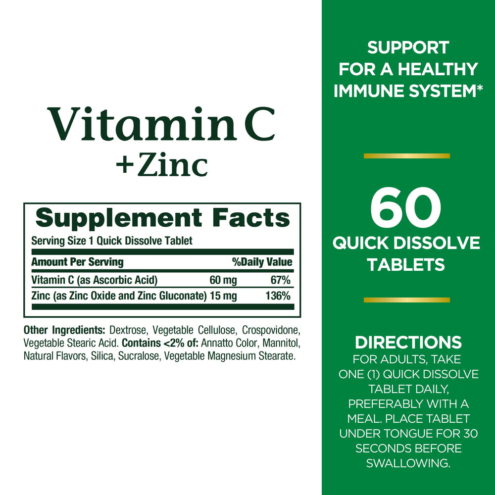 Nature's Bounty Vitamin C + Zinc tablets for daily use.