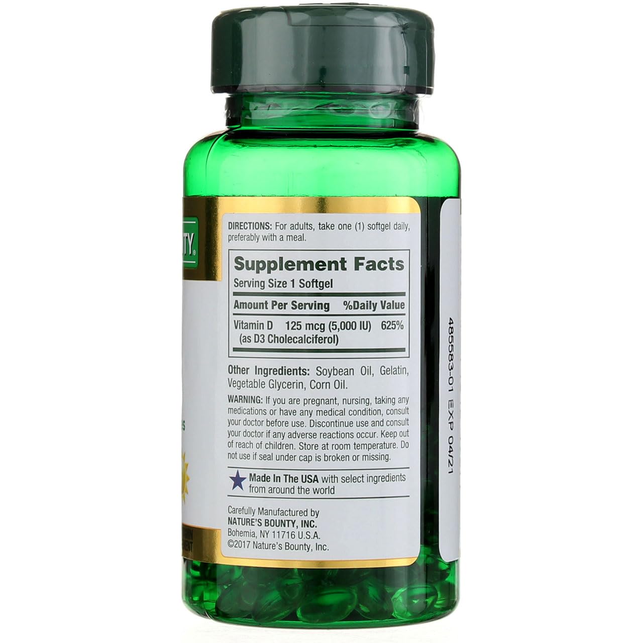 Nature's Bounty Vitamin D-5000 IU softgels bottle back label clearly shown