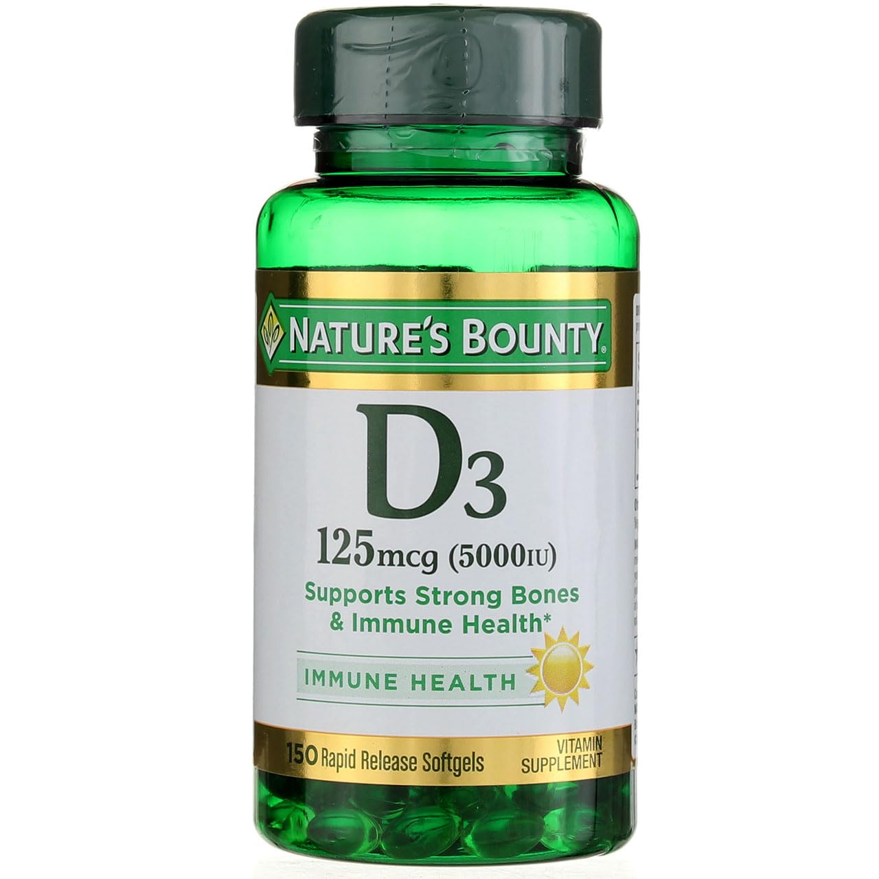 Nature's Bounty Vitamin D-5000 IU softgels bottle front view for daily wellness
