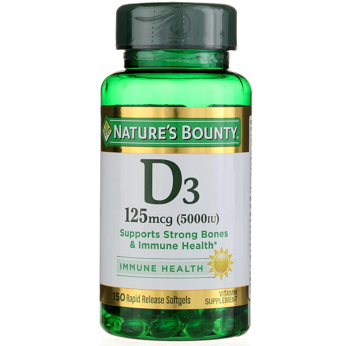 Nature's Bounty Vitamin D-5000 IU softgels bottle front view for daily wellness
